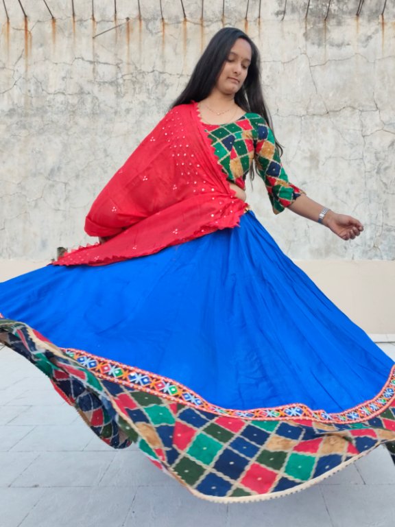 Royal Blue Kutchi Mirror Work Designer Blouse Set
