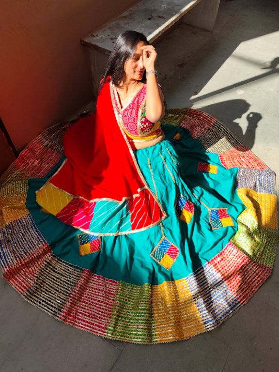 Royal Peacock Teal Multi-Patch Lehenga Choli Set view 3