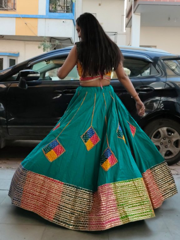 Royal Peacock Teal Multi-Patch Lehenga Choli Set view 4