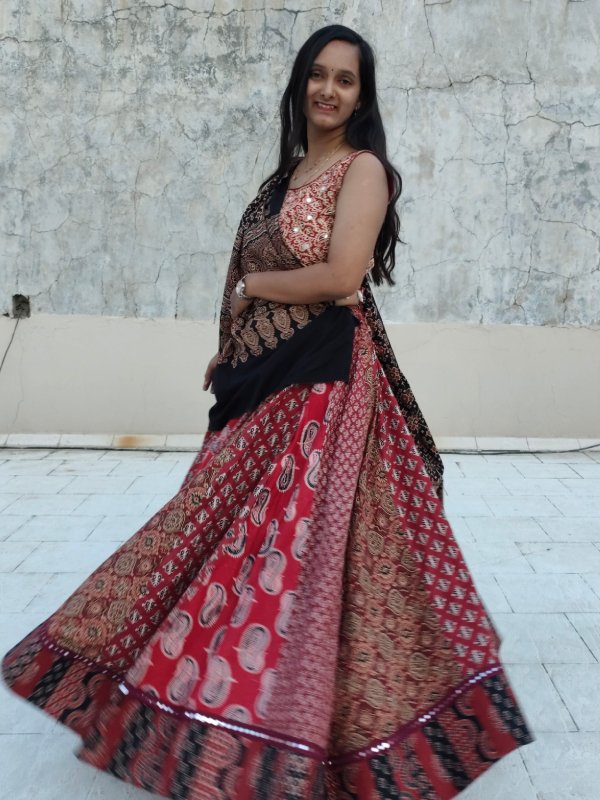 Brick Red Ajrakh Panelled Ghagra Skirt Set view 2