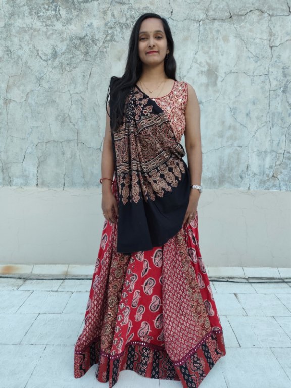 Brick Red Ajrakh Panelled Ghagra Skirt Set view 3