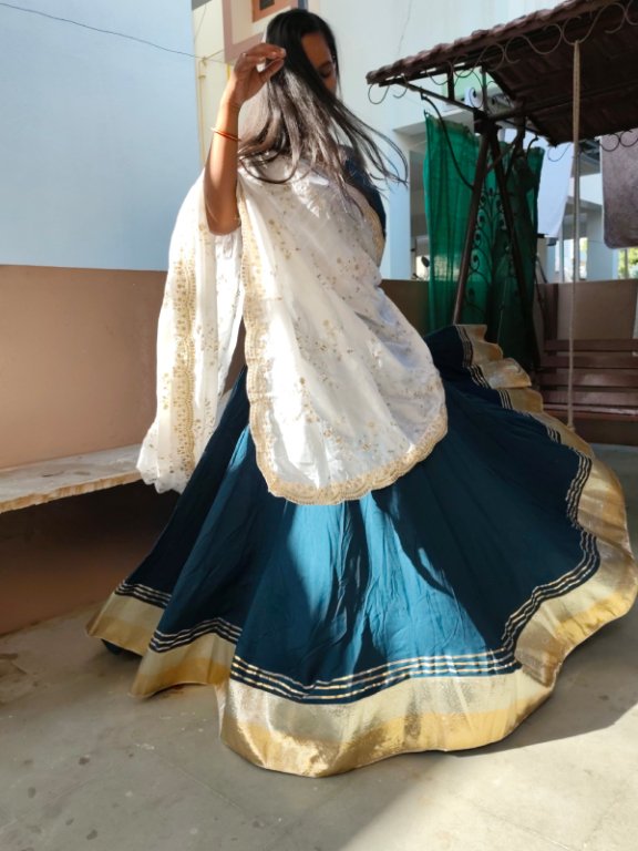 Prussian Navy & Ivory Net Dupatta Lehenga Set view 2