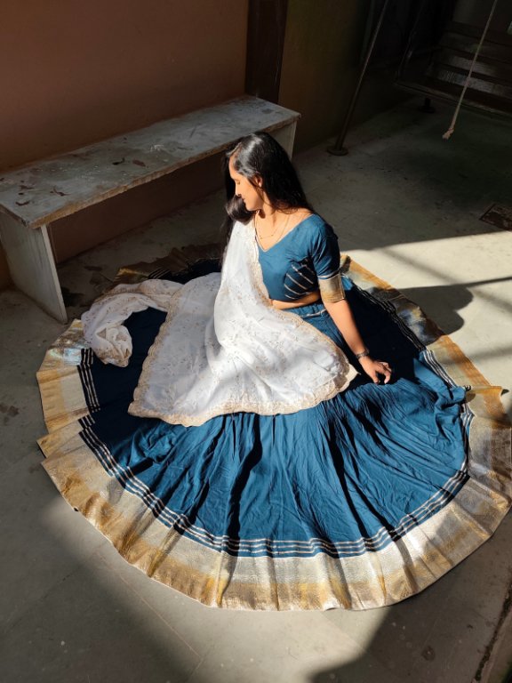 Prussian Navy & Ivory Net Dupatta Lehenga Set view 3