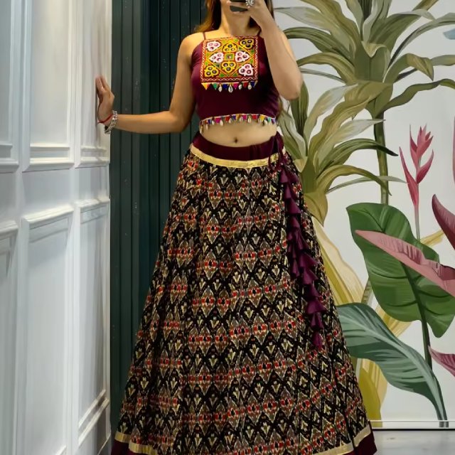 Brick Red Ajrakh Panelled Ghagra Skirt Set by Nirali Boutique